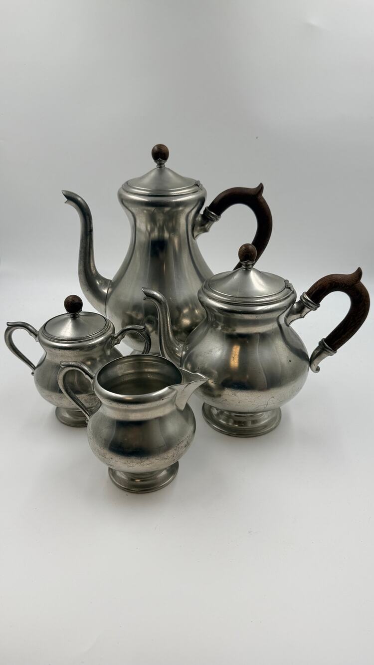 Vintage Royal Holland Daalderop KMD Pewter Coffee Tea Set 4 Pc Wood Handles